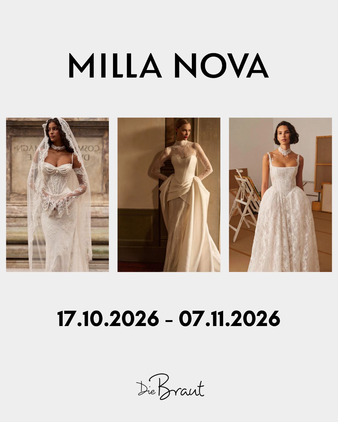 Drei Frauen in eleganten weißen Brautkleidern posieren anmutig unter dem Schriftzug „Milla Nova“, darunter sind Veranstaltungstermine und die neuesten Nachrichten aufgeführt.